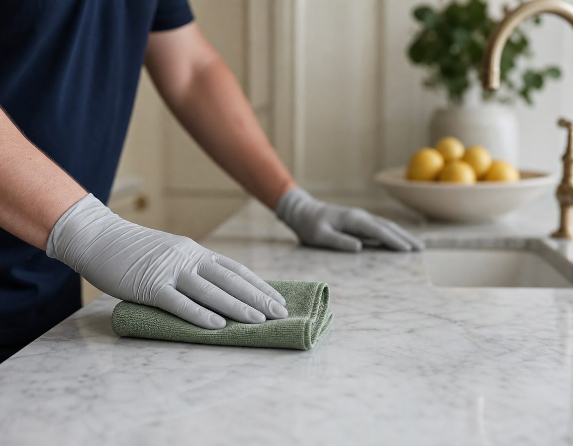 A cleaner in a navy uniform drawing a microfibre cloth across a marble kitchen counter beside a brass tap.