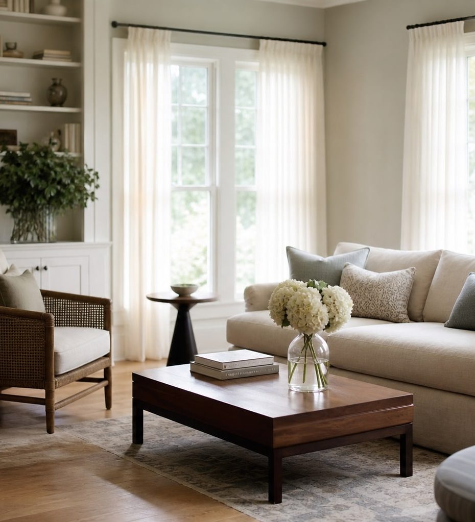Sunlit New England sitting room after a clean by Elm & Ivy: polished oak floors, a pale linen sofa with plumped cushions and white hydrangeas on the coffee table.