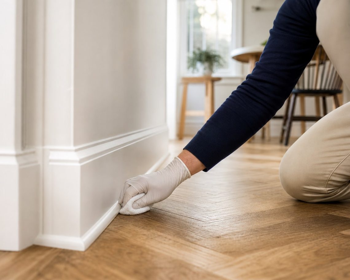 A cleaner kneeling to hand-detail a white painted baseboard where it meets a herringbone wood floor during a deep clean.