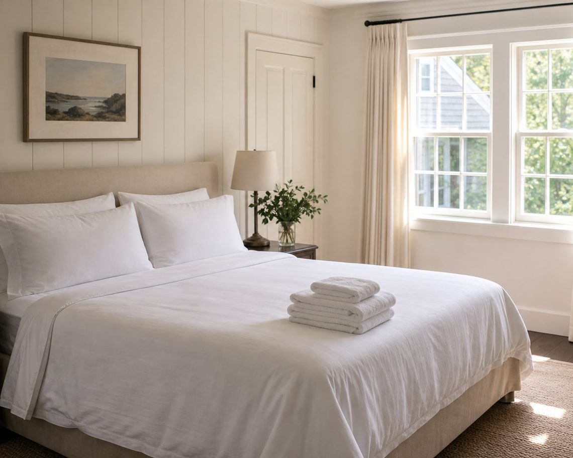Coastal guest bedroom staged for an arriving guest: crisp white bed linen, a folded stack of white towels and fresh greenery on the nightstand.