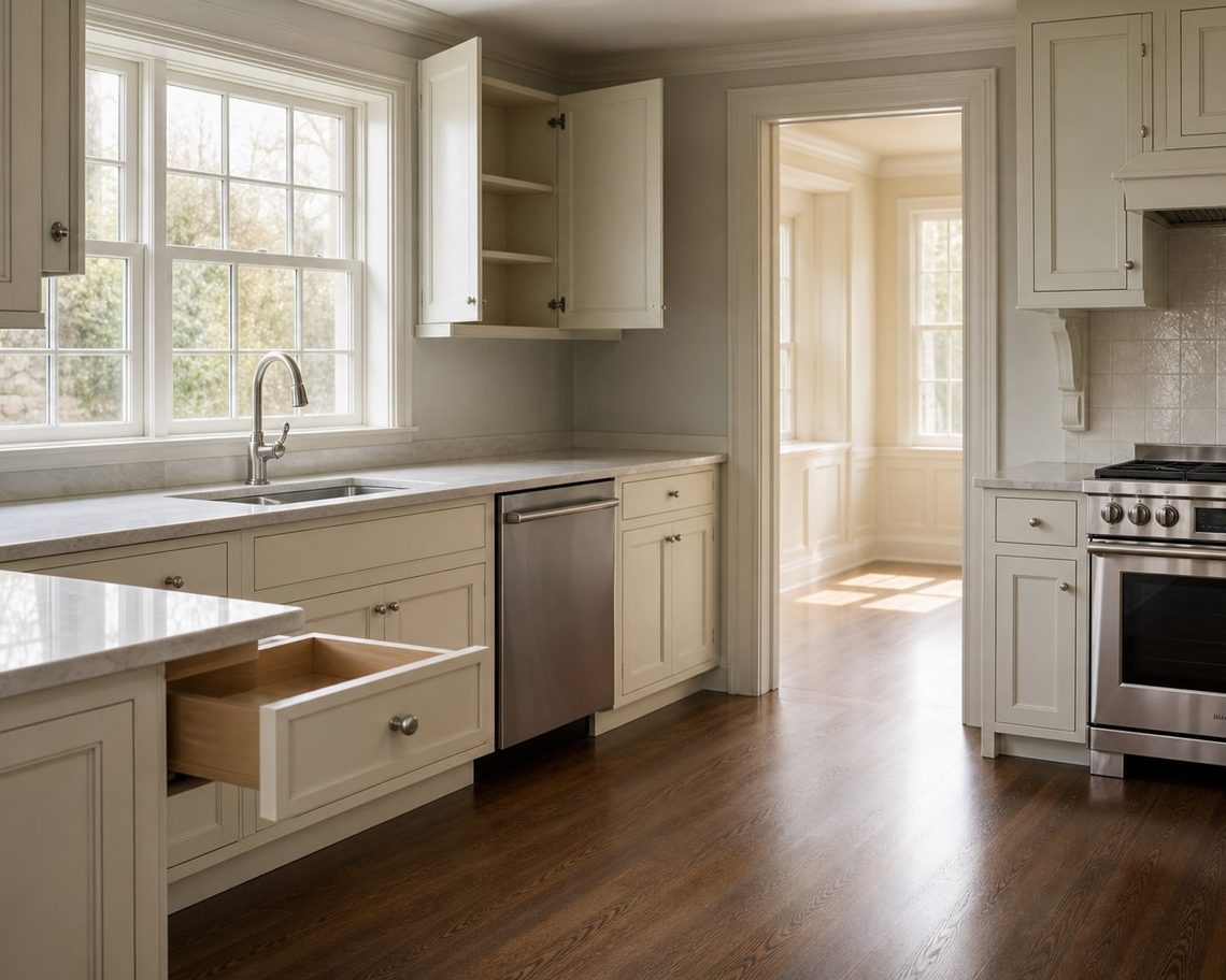 Empty, freshly cleaned kitchen before a handover: a wall cabinet and a drawer left open to show spotless interiors, countertops bare and gleaming.