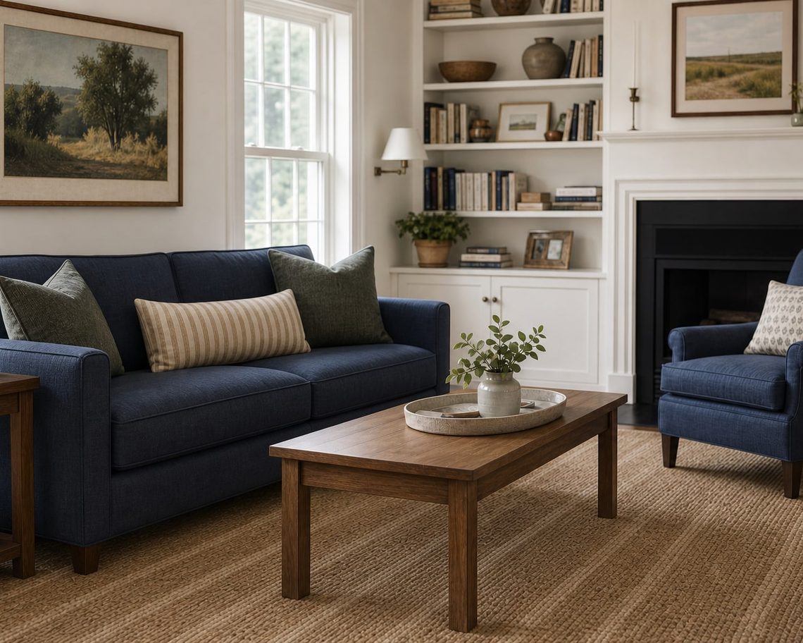 Tidy family living room after a recurring clean: a navy sofa with cushions straightened, coffee table cleared, jute rug vacuumed, beside a white fireplace and built-in shelving.